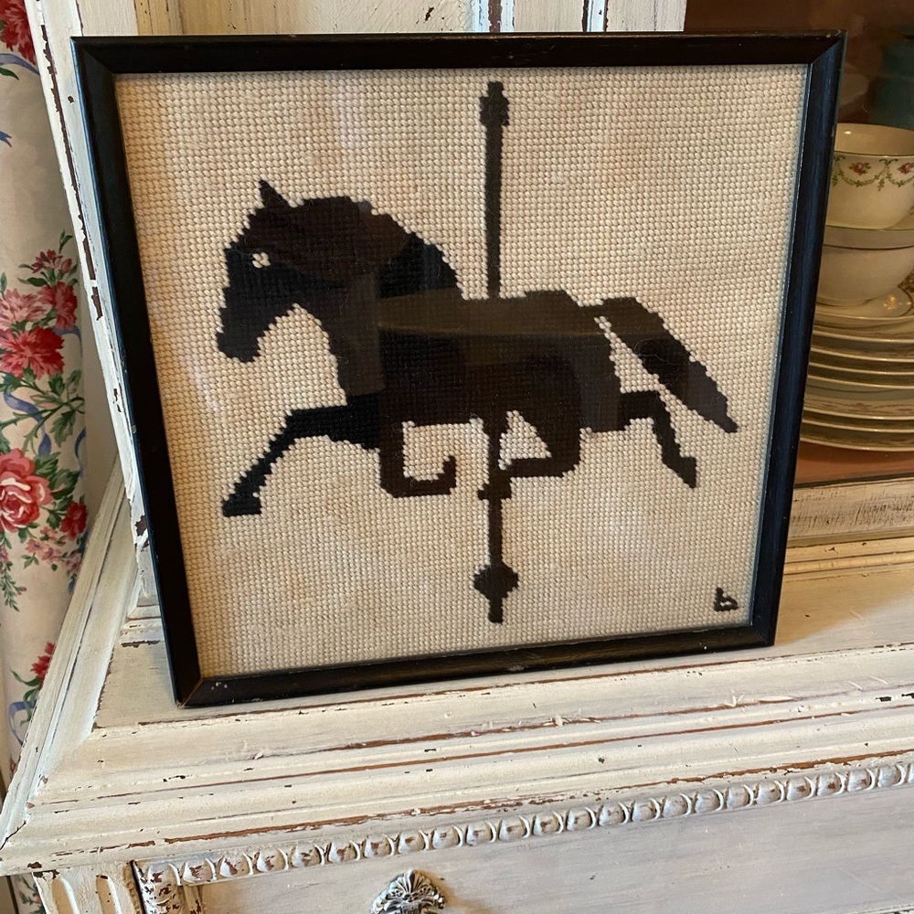 Framed Carousel Horse Needlepoint Art